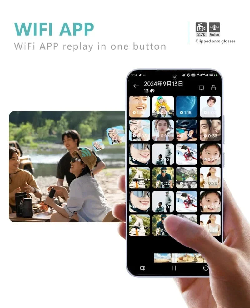 2.7K HD FPV Glasses Camera Wearable WiFi Video Camcorder 110°Wide Angle Lens Anti-shake Built-in Battery APP Control FPV Camera