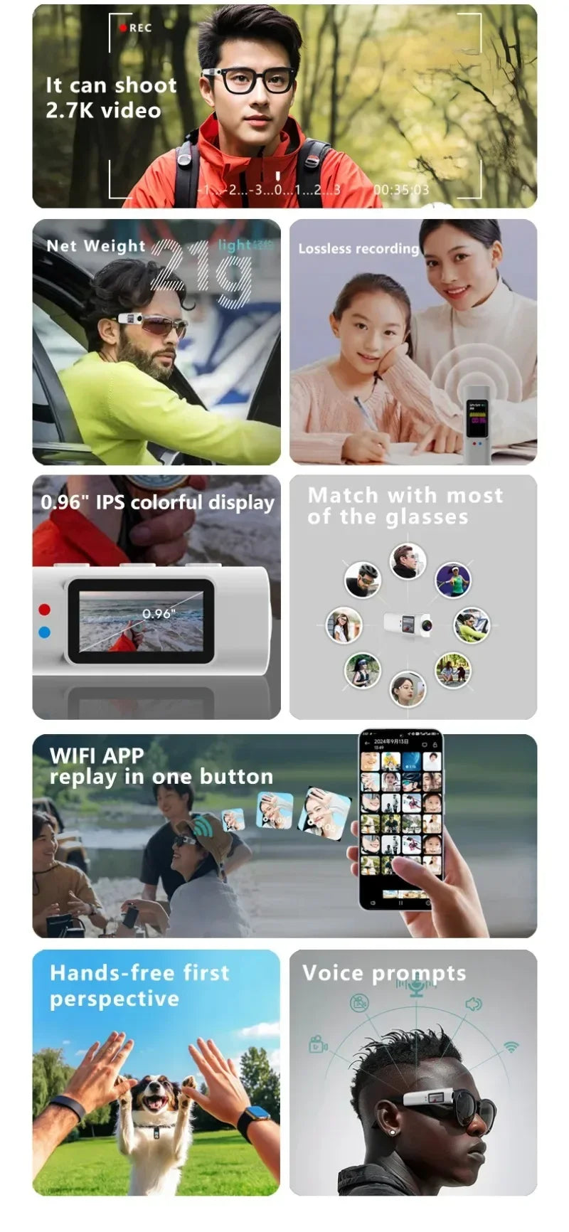 2.7K HD FPV Glasses Camera Wearable WiFi Video Camcorder 110°Wide Angle Lens Anti-shake Built-in Battery APP Control FPV Camera