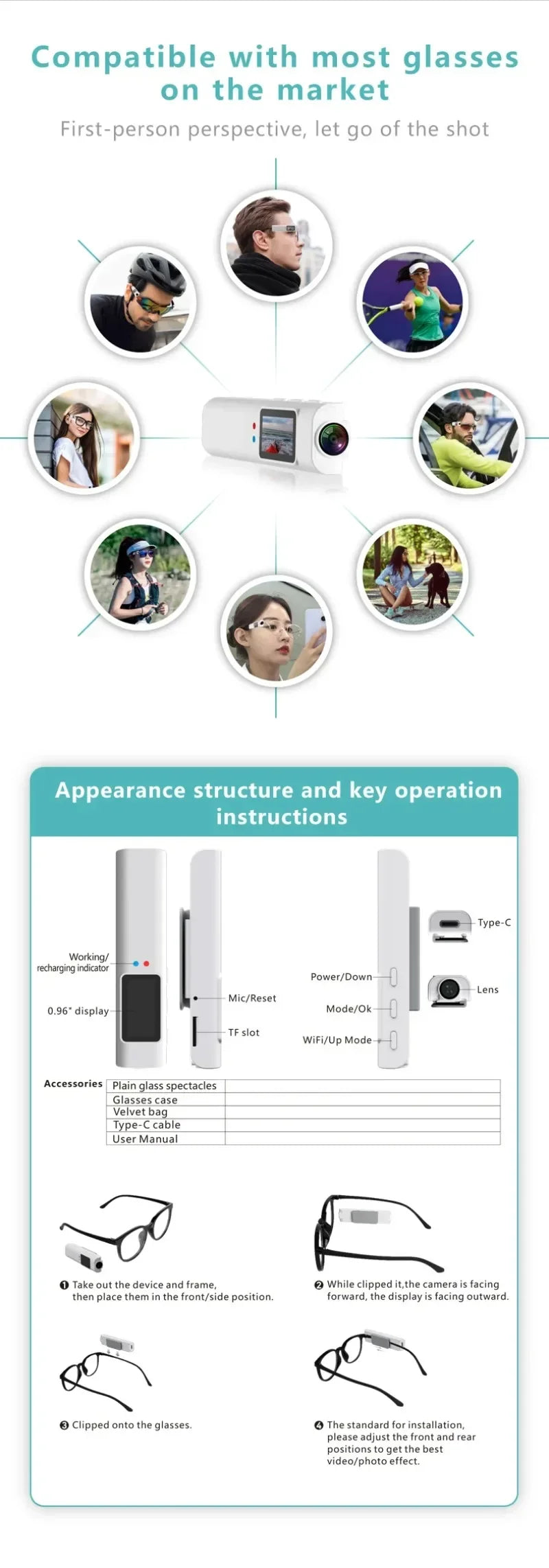 2.7K HD FPV Glasses Camera Wearable WiFi Video Camcorder 110°Wide Angle Lens Anti-shake Built-in Battery APP Control FPV Camera