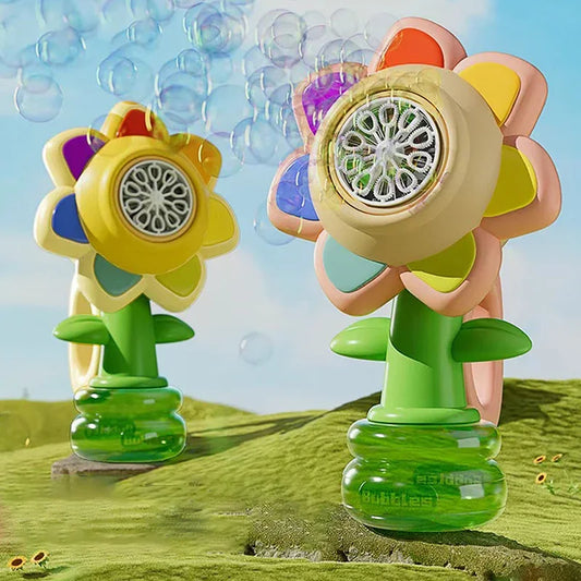 Electric Automatic Sunflower Bubble Machine Toy Shaking Head Adjustment Light Dancing One Key Bubble Maker for Kids