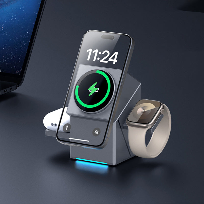 3-in-1 Foldable Magnetic Wireless Charging Station Fast Charging Rotation Charger For Phone Watch Wireless Earphones Gift Choice